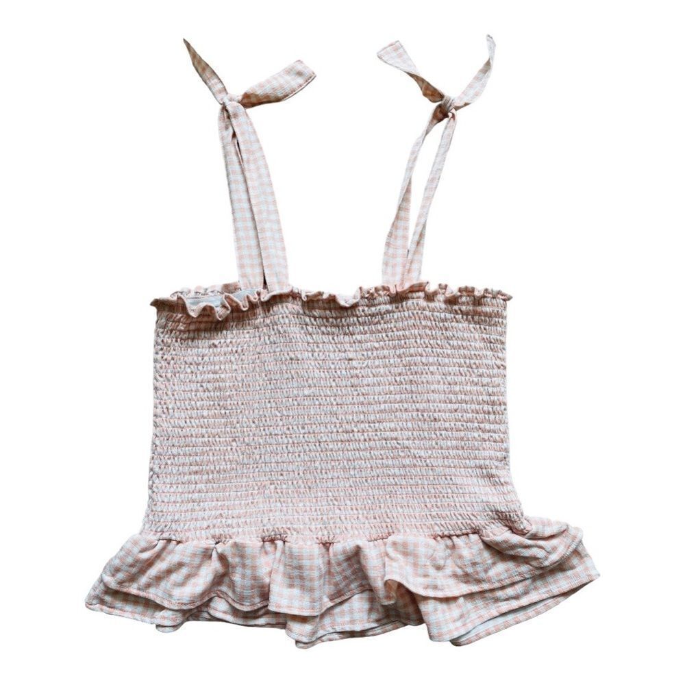 Full Circle Trends Pink White Gingham Smocked Ruffle Hem Tank Top | Large